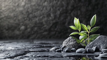 Sticker - Plant emerging among rocks. A symbol of resilience and growth in a dark and textured environment, evoking peace and natural beauty.