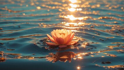 Poster - Water lily flower blooming on calm water surface with sunlight reflections during golden hour
