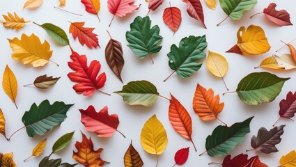 Aufkleber - Assorted colorful autumn leaves on white background with natural textures isolated Copy Space