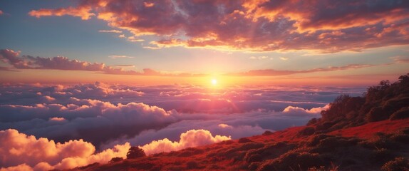 Aufkleber - Sunset over rolling hills with dramatic clouds and colorful sky above a sea of clouds landscape at high altitude with Copy Space