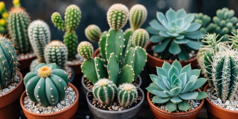Aufkleber - Variety of cacti and succulents in terracotta pots with pebbles on a wooden surface in natural light Copy Space