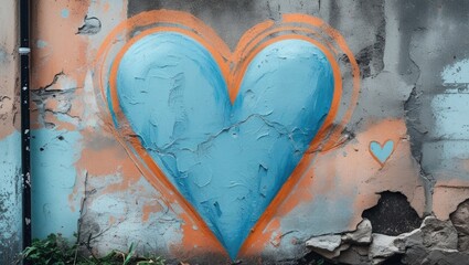 Poster - Blue heart mural on weathered wall with peeling paint and greenery in foreground. Urban street art detail. Copy Space.