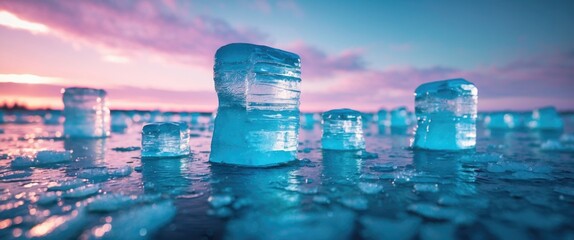 Aufkleber - Frozen ice formations on a lake at sunset with colorful sky reflections and smooth water surface suitable for landscape photography Copy Space