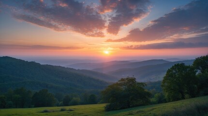 Aufkleber - Sunset over rolling hills with layers of mountains and trees in the foreground showcasing vibrant clouds and colorful sky Copy Space
