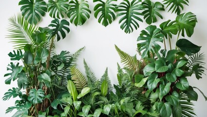 Aufkleber - Tropical green plants arranged against a white background with various leaf shapes and sizes, suitable for natural decor and design purposes, Copy Space