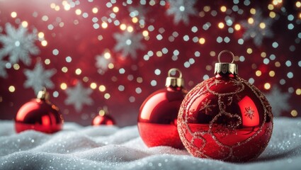 Aufkleber - Decorative red Christmas ornaments on white snow with blurred festive lights and snowflakes in background Copy Space