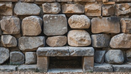 Poster - Stone wall with large irregular stones and a rustic stone bench, natural textures and earthy tones, ideal for architectural backgrounds, Copy Space