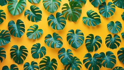 Poster - Tropical green monstera leaves on vibrant yellow background with ample copy space for text placement