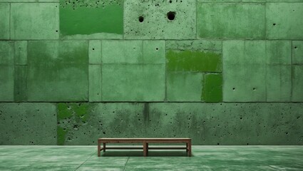 Poster - Green textured concrete wall with uneven patches and a simple wooden bench in front, minimalistic design, Copy Space