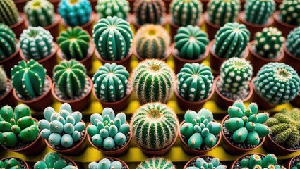 Poster - Variety of colorful cacti in small pots arranged in a vibrant display with green and blue hues and yellow background Copy Space