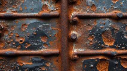 Aufkleber - Rusty metal surface with oxidized paint and rivets showing weathered texture and corrosion details, ideal for industrial backgrounds or textures.