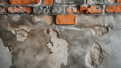 Poster - Old weathered brick and concrete wall with peeling plaster texture and vibrant orange bricks, suitable for background or design Copy Space