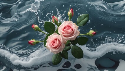 Poster - Fresh pink roses with buds surrounded by water splashes on a dark background with Copy Space