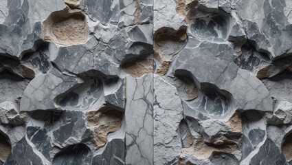 Aufkleber - Textured gray marble wall with irregular holes and patterns, featuring a mix of smooth and rough surfaces, ideal for background use.