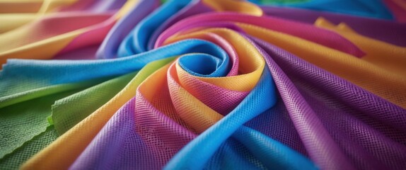 Poster - Colorful swirling fabric background with smooth textures in shades of blue, purple, green, yellow, and pink. Copy Space.