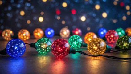 Aufkleber - Colorful string lights with various patterns illuminated on a surface with blurred background bokeh lights Copy Space