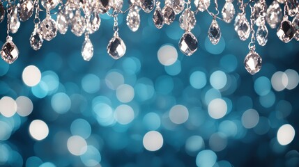 Aufkleber - Sparkling Crystal Drops Hanging Over Shimmering Blue Background with Bokeh Effects for Elegant Decoration