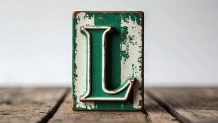 Vintage metal letter L on distressed green background with wooden texture below, suitable for typography and design elements, Copy Space