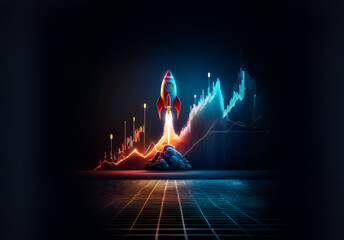Poster - Neon rocket ascends with a vibrant financial chart behind it. The image represents business growth, financial success, and upward market trends.