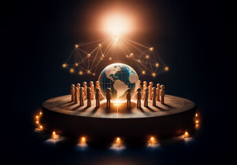 Fototapete - A glowing globe sits on a platform surrounded by golden figures, illuminated by beams of light. A network structure connects the figures above, suggesting global technology.