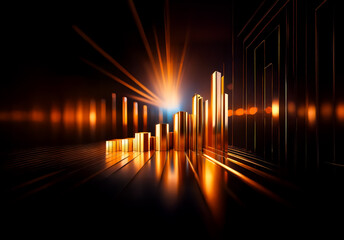 Poster - Golden bars of varying heights stand in darkness, illuminated by bright rays. The surface reflects a golden glow in an abstract composition.