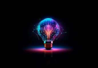 Poster - A glowing light bulb with a vibrant digital network pattern against a stark dark backdrop, radiating bright and colorful illumination.