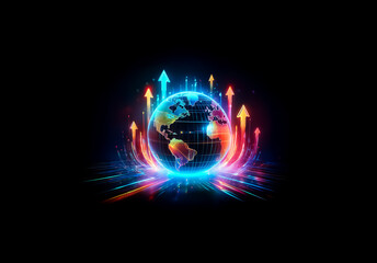 Fototapete - Glowing globe encircled by vibrant arrows pointing upwards against a dark backdrop.  Dynamic energy and global progress are depicted.