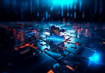 Leinwandbilder - Futuristic abstract technology concept with interconnected grid and glowing blue and orange light accents on a dark backdrop, evoking digital and cybernetic themes.