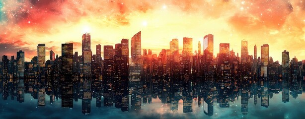 Poster - Stunning Sunset Over a Futuristic City Skyline with Vibrant Colors and Reflective Water Surface
