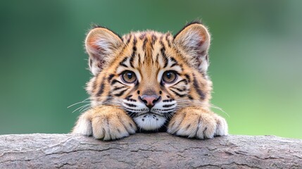 Wall Mural - Cute bobcat kitten peering over log, green background