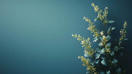 Sticker - Floral Still Life: Serene teal background with delicate branches of flowering foliage creating a calming and natural ambiance.