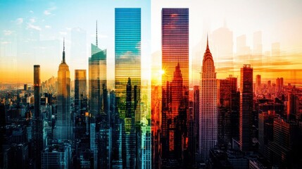 Poster - Stunning Cityscape at Sunset with Skyscrapers and Iconic Architecture in a Vibrant Urban Environment