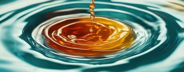 Aufkleber - Colliding Water Droplet Creates Circular Ripples in Vibrant Blue and Amber Colors for Abstract Background