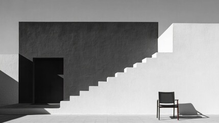 Poster - Modern architectural design featuring a black and white staircase with a single chair in minimalistic setting