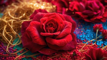 Wall Mural - red roses with vibrant petals and golden threads on colorful decorative background, close-up view of