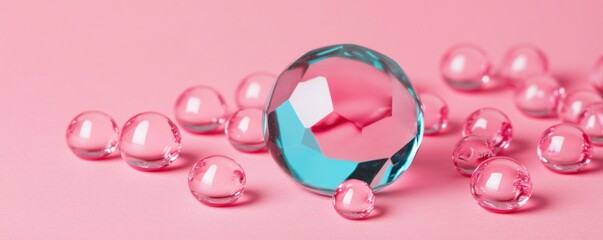 Aufkleber - Colorful Crystal Sphere and Pink Decorative Drops on Soft Pink Background