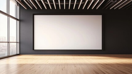 Poster - Modern minimalist interior space with empty white frame and wooden floor, perfect for presentations or exhibitions