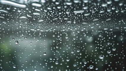 Sticker - Close-up of water droplets on glass surface with blurred green background and natural light Copy Space