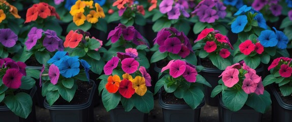 Wall Mural - Colorful blooming flowers in pots with green leaves arranged in rows vibrant floral display with copy space for text