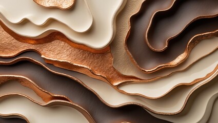 Sticker - Abstract textured layers of beige, brown and metallic copper color with varying shapes and shadows, ideal for backgrounds, Copy Space