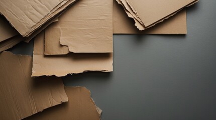 Wall Mural - Assorted layers of distressed brown cardboard sheets on a dark grey background with texture and Copy Space for text placement.