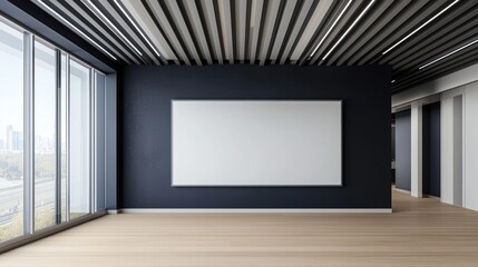 Poster - Modern Office Interior with Minimalist Design and Blank Whiteboard on Dark Wall for Creative Spaces