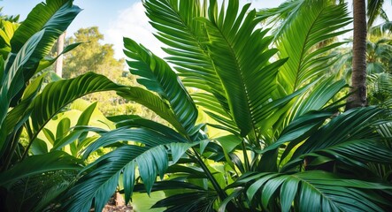 Poster - Lush tropical foliage with vibrant green palm leaves in a natural setting with blurred background and ample Copy Space.