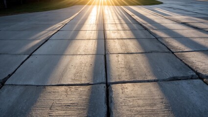 Poster - Concrete pavement with shadows cast by sunlight during golden hour creating diagonal lines and textures on the surface Copy Space