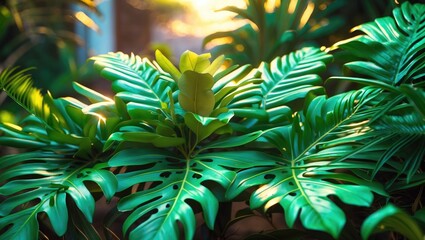 Wall Mural - Lush green tropical foliage with large serrated leaves and sunlight illuminating a central plant, natural botanical background with Copy Space.