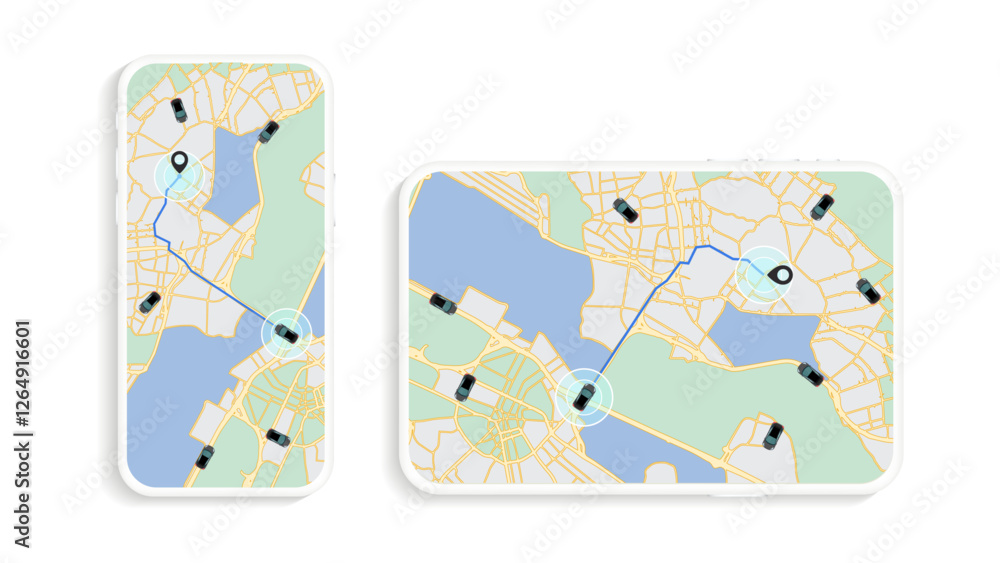 Car Root Map Modern GPS Navigation Map with Route and Location Markers for Mobile ...