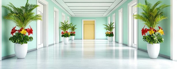 Poster - Elegant hallway interior with decorative plants and vibrant floral arrangements in modern architectural design