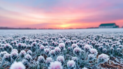 Canvas Print - Frosty Field Flowers at Sunrise  Winter Wonderland Scenery