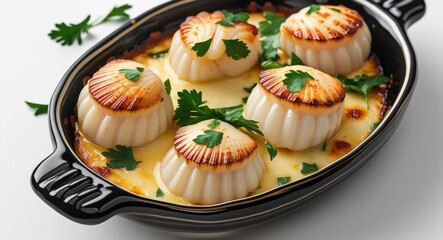 Wall Mural - Baked scallops in creamy sauce topped with parsley served in black ceramic dish on white background with copy space