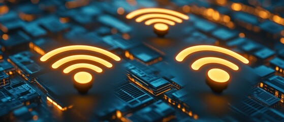 Leinwandbilder - Abstract representation of wireless technology and connectivity with glowing Wi-Fi symbols on a digital circuit background